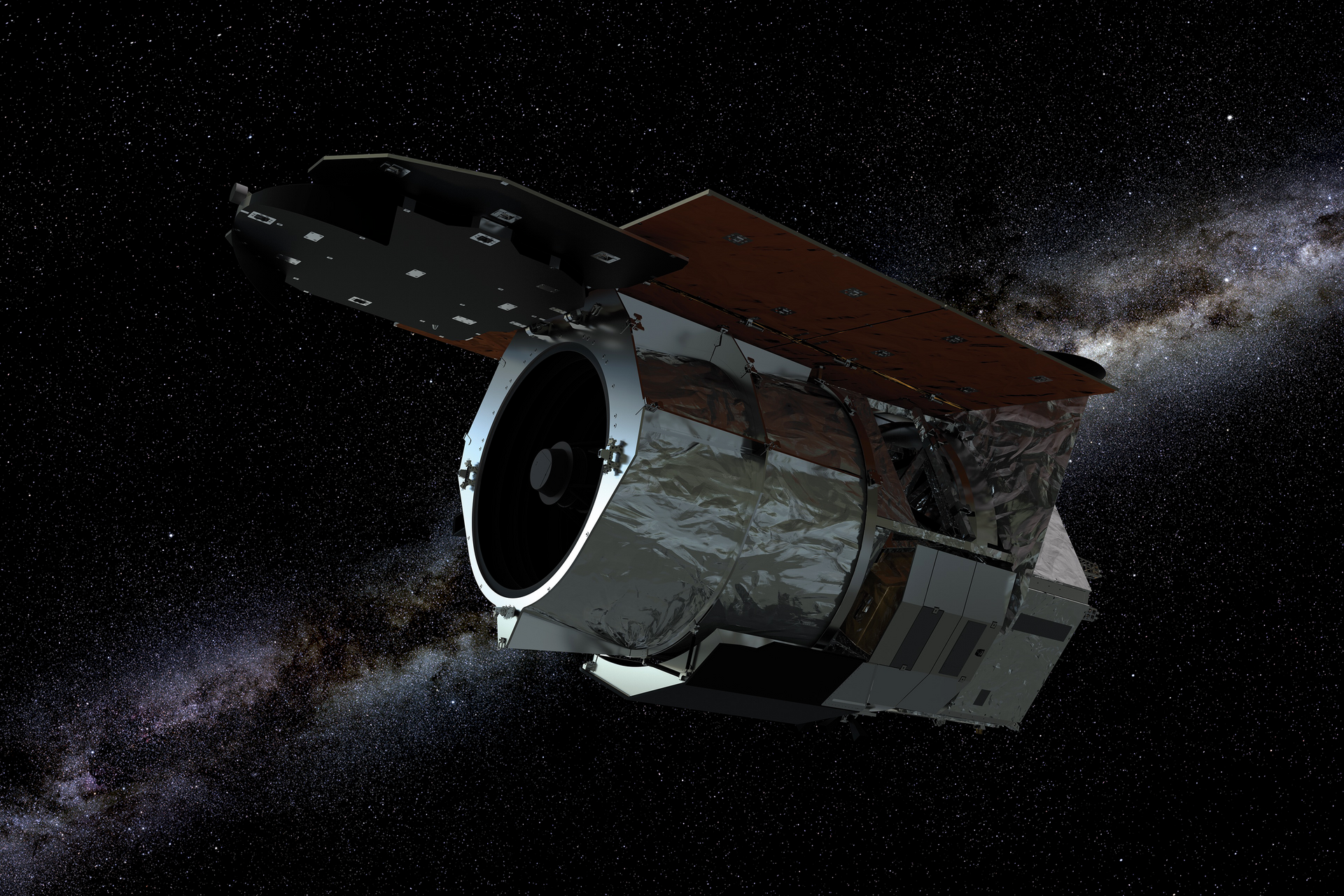 Foto de archivo: una ilustración digital de un telescopio espacial flotando en el espacio, con la Vía Láctea visible al fondo.