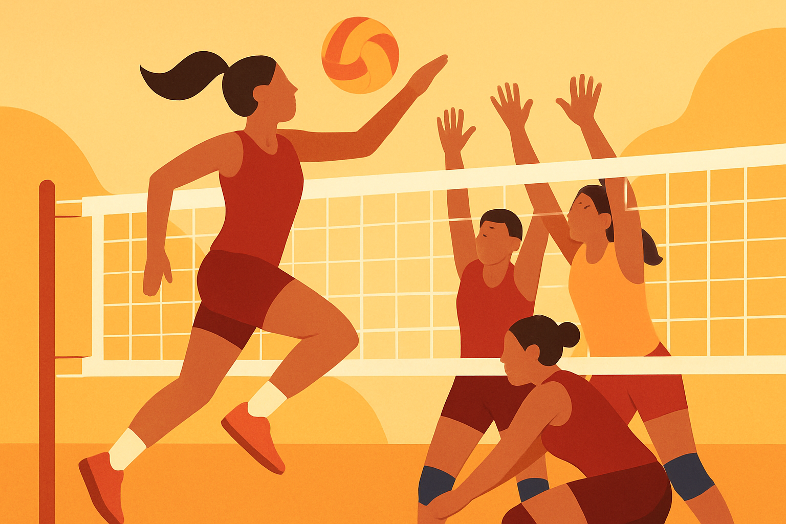 Foto de archivo: Ilustración de jugadoras de voleibol en un partido junto a la red.